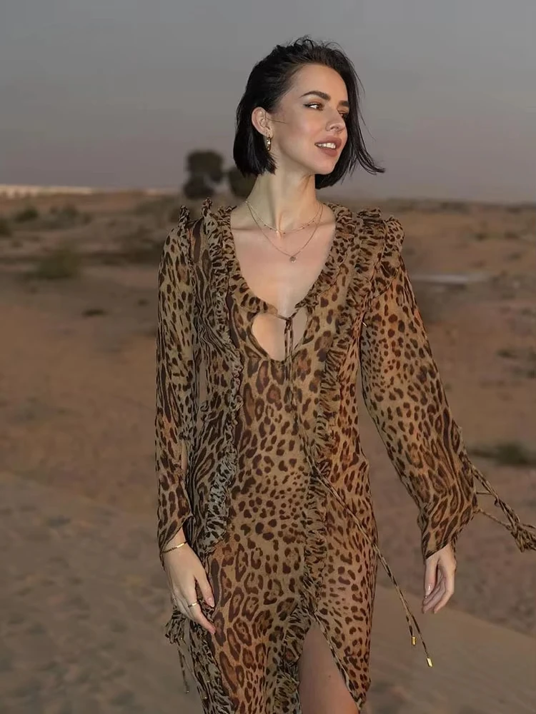 Chiffon Ruffle Leopard Print Long Dress Women's Fashion Deep V Slit Long Sleeves Slim Sexy Strappy Summer Long Dress 2024