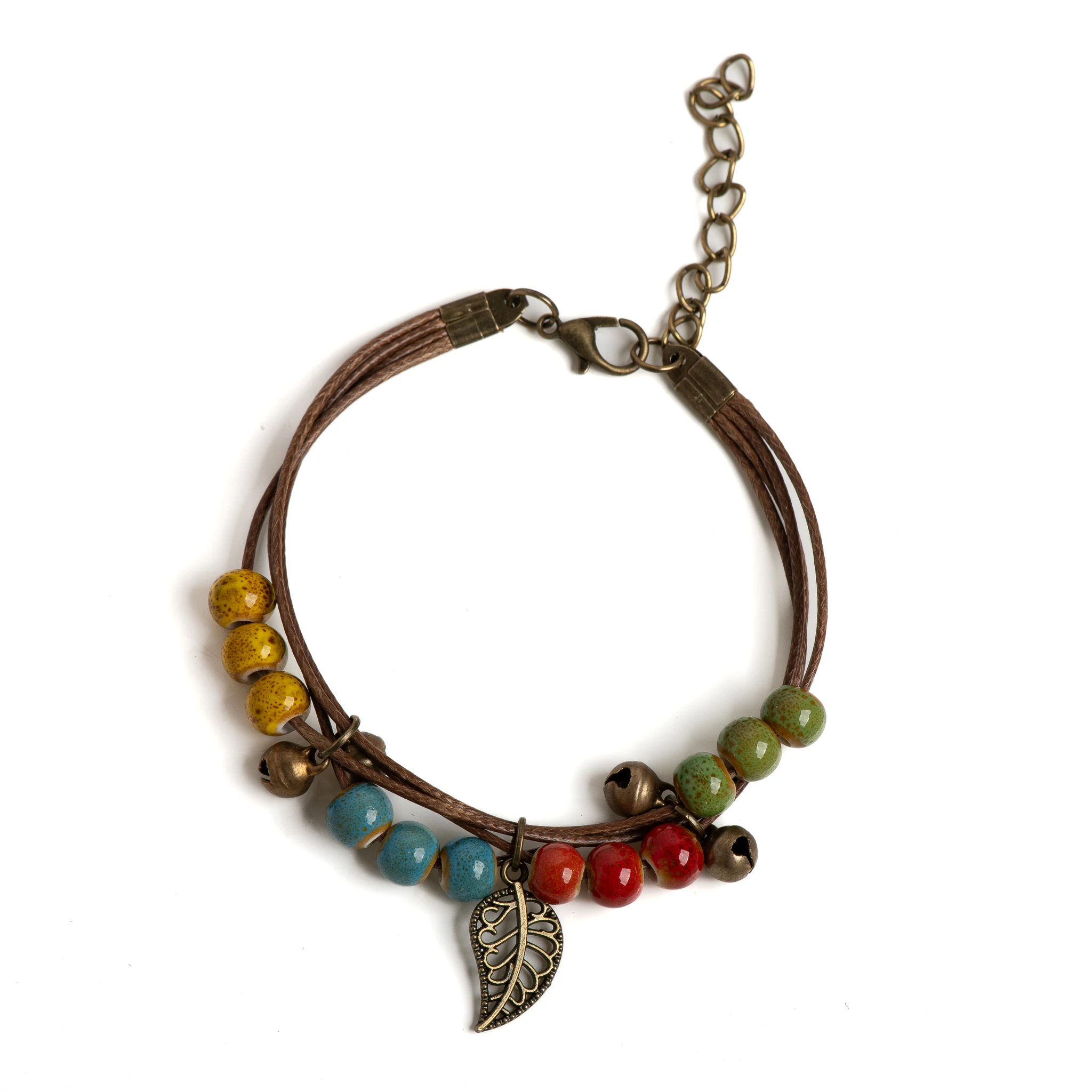 Adjustable Colorful Ceramic Beaded Bracelet Handmade Wax Cord with Leaf Pendant Vintage Jewelry gifts regalo