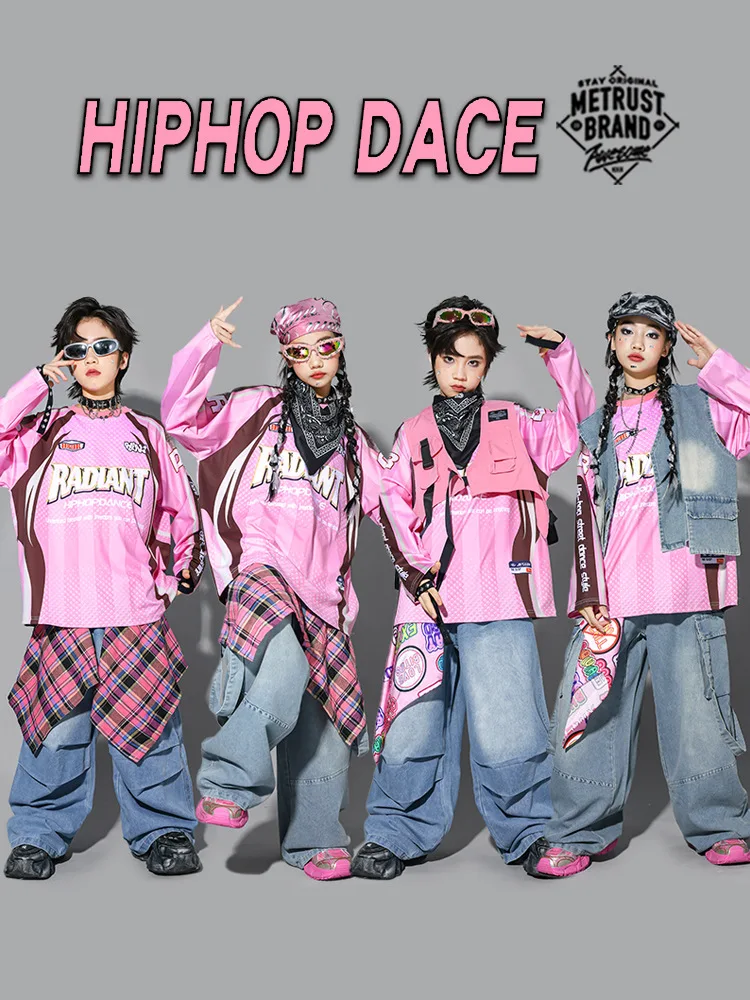 Kinder-Streetdance-Auftrittsoutfit Jungen Hip-Hop Denim-Kleidungsset Atmungsaktive Polyesterfaser Rundhals-Print-Design – Detail 3