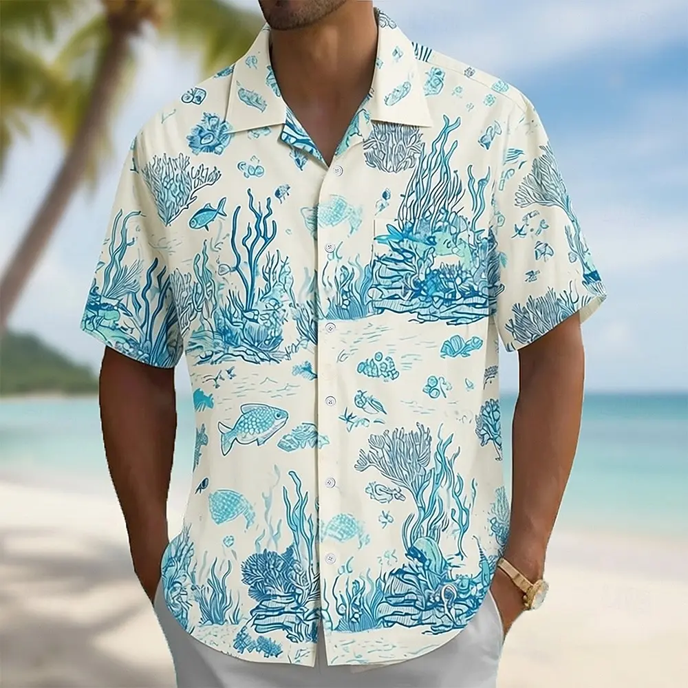 Men's 3D Print Hawaiian Shirt, Notched Collar Short Sleeve, Blue-Green, Perfect for Spring and Summer Vacations