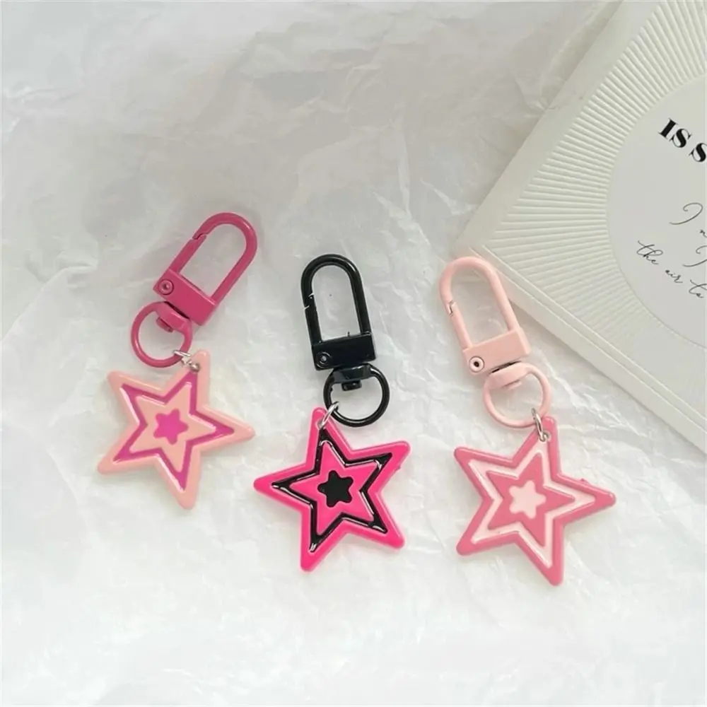 Girls Punk Y2k Star Key Chains Cool Sweet Rose Red Five-Pointed Star Pendant Versatile Schoolbag Pink Star Keyring