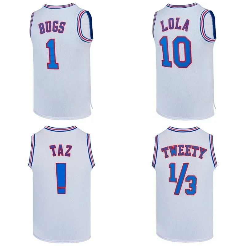 Maillot de basket-ball Lola Bugs pour hommes, film Space Jam, sans manches, médicaments, Tune Squad, respirant, Tweety, résines Taz D, chemise de couture blanche, MN1