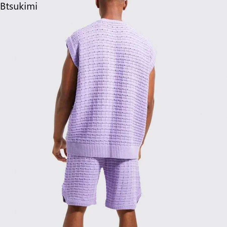 Novo 2024 conjuntos casuais de duas peças dos homens para o verão sólido sem mangas topos camisas e shorts conjuntos masculino streetwear conjuntos