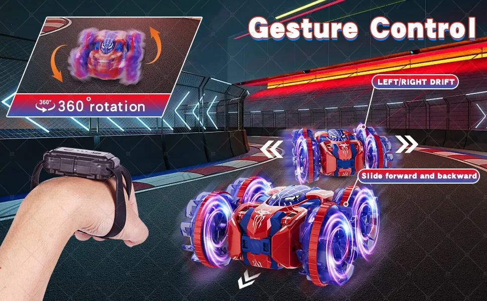 Auto acrobatica RC con rilevamento dei gesti Auto telecomandata con gesto della mano anfibio rotante a 360 gradi con luci per bambini Ragazzi Rosso
