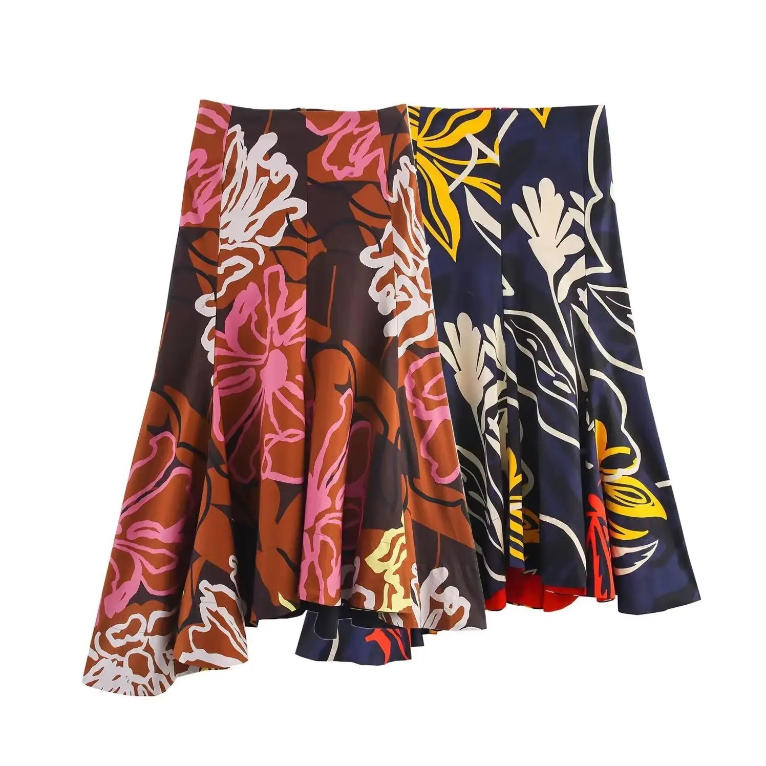 KONDALA Vintage Women Print Floral Streetwear Skirt Long Draped Ladies Fashion 2025 Zipper Chic Casual Asymmetric Holiday Skirt