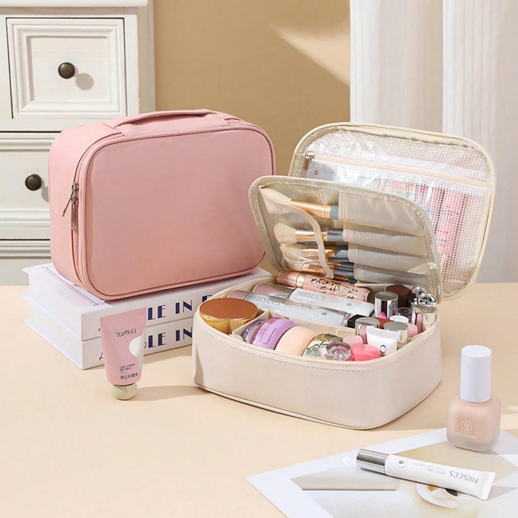 2026 New Waterproof PU Leather Travel Makeup Bag, Portable Flat‑Opening Cosmetic Toiletry Pouch with Handle and Inner Divider, Ideal Holiday Gift for Halloween Thanksgiving Christmas