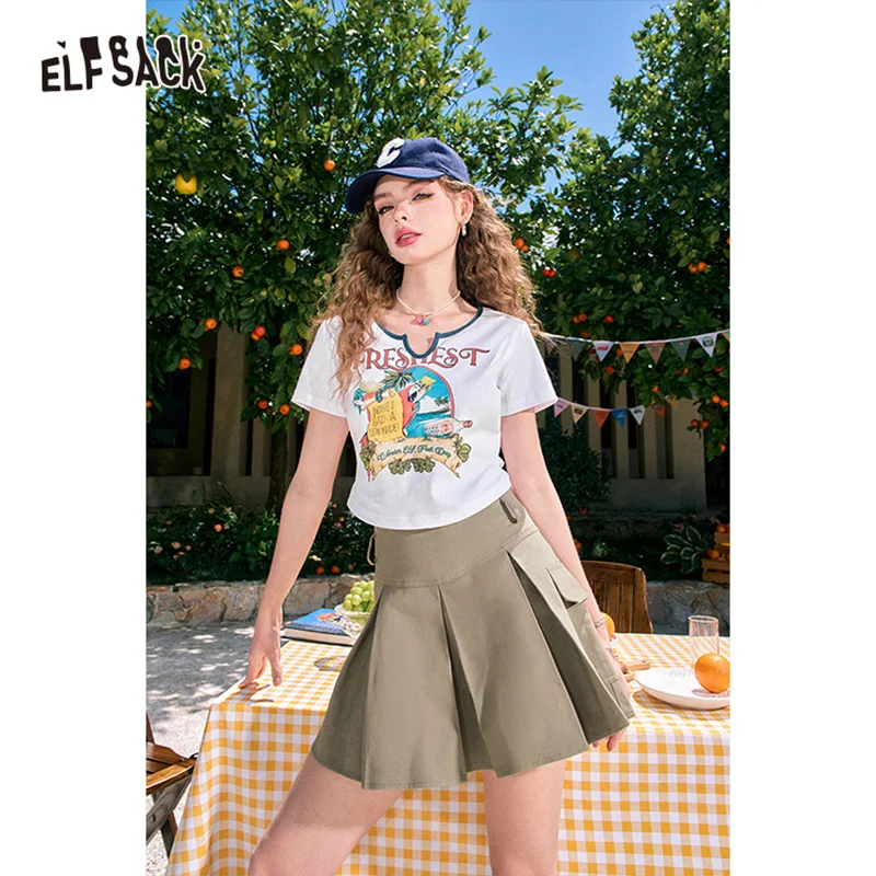 ELFSACK 2024 summer new arrival American style A-line pleated high waist slimming workwear skirt for women