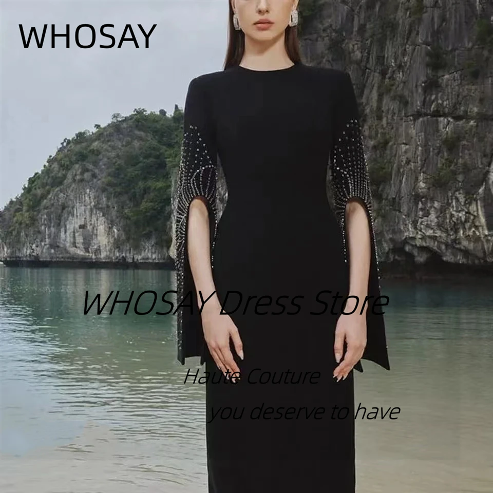 WHOSAY Classical Black Haute Couture Dresses for Evening Party Beaded Long Sleeves Prom Dress Zipper Back Wedding Banquet Gowns