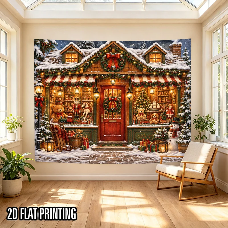 Christmas Toy Shop Tapestry, Snowman, Gift, Xmas House Scene Wall Hanging for Bedroom, Living Room, Dorm, Home Wall Decor