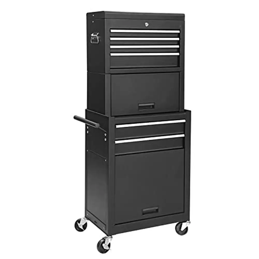 

Rolling Tool Cabinet Removable Organizer High Capacity Secure Locking 6-Drawer Black Metal Chest Organizer Ergonomic Handle Easy