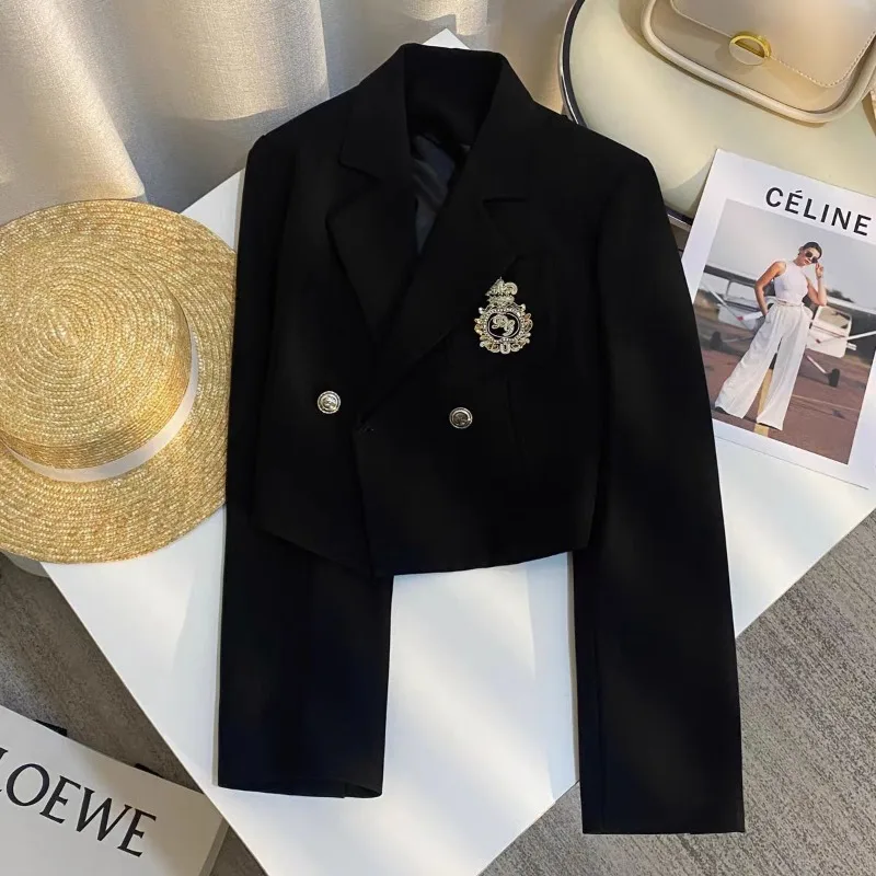 

Женский черный пиджак, короткие топы, костюм для колледжа, дизайн верхней одежды, весна-осень, новое пальто, модный уличный костюм, топы с длинными рукавами