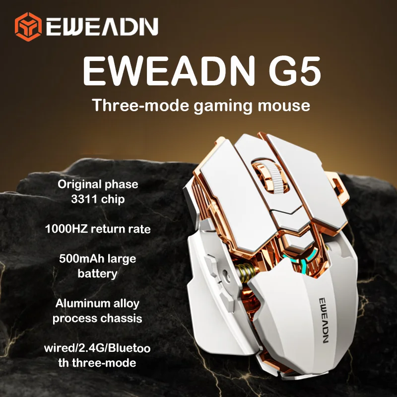 EWEADN G5 Tri-Mode Gaming Mouse Adjustable Tailstock 12800DPI Macro Programmable RGB Ergonomic Silent Mice for PC Laptop Mac