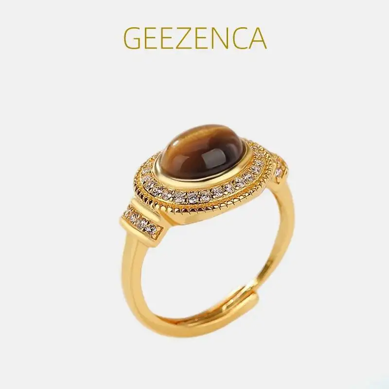 

GEEZENCA 925 Sterling Silver Gold Plated Tiger Eyes Stone Adjustable Rings Clearance Limited Stock First Come First Get