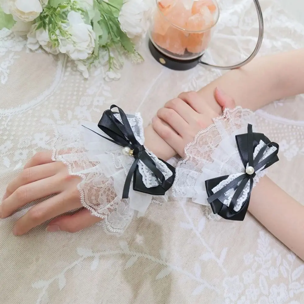 Sweet White Lace Cuff Pearl Bow Detachable Fake Flared Sleeves Fake Cuff Cosplay Ornament