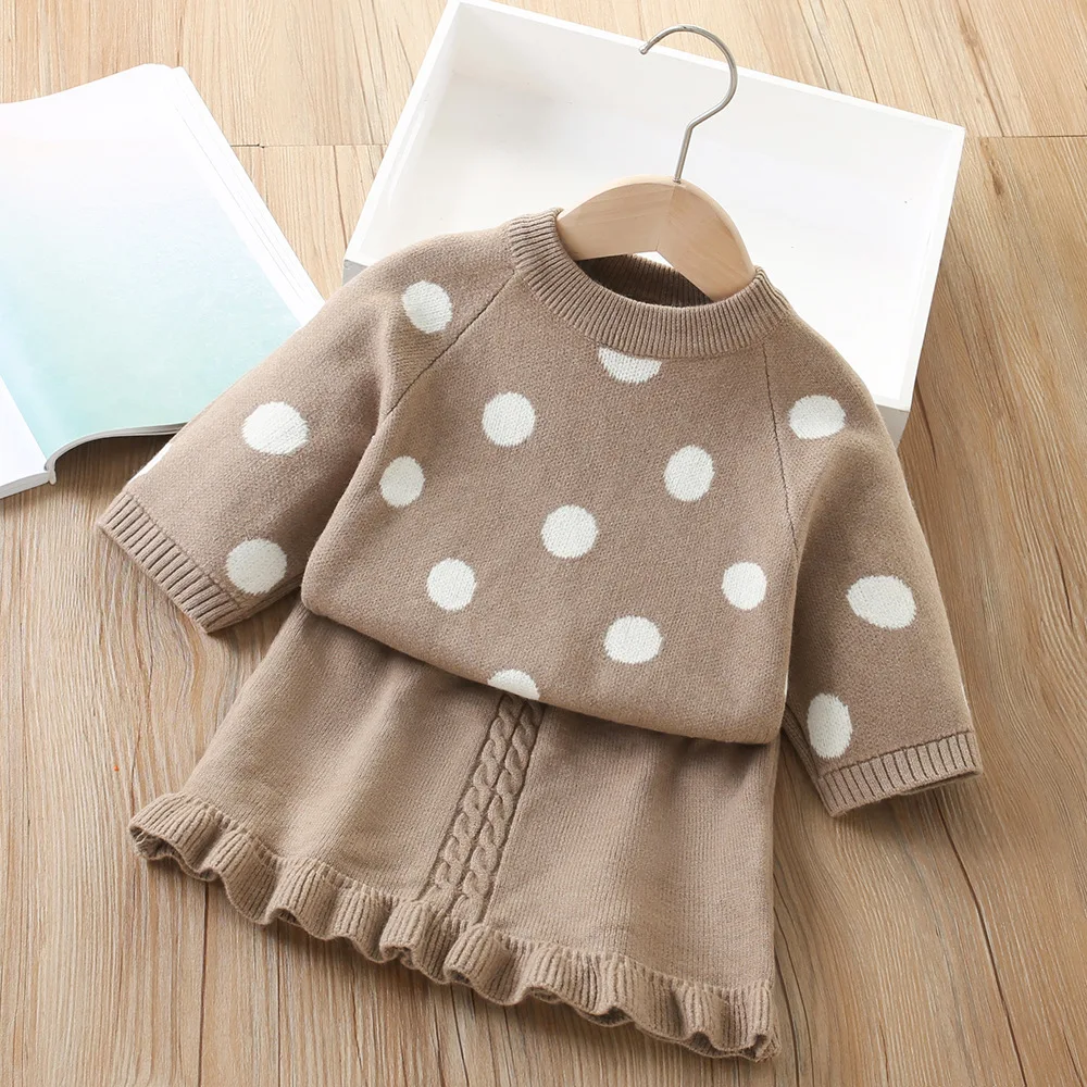 Girls Knitted Clothes Sets Spring Autumn Children Woolen Jersey Sweaters Tops Skirts 2pcs Dress Suit For Baby Outfits Kids 5 6Y