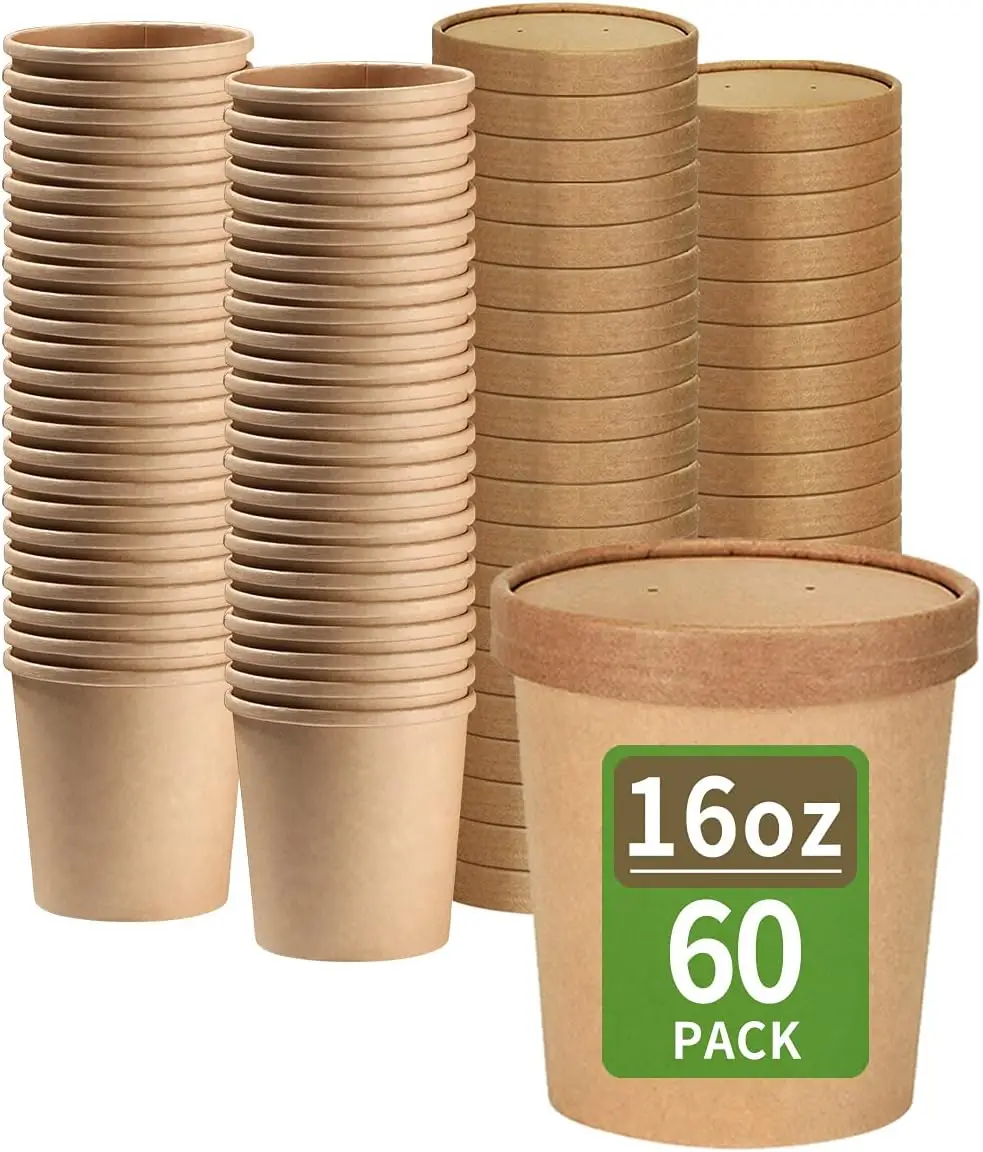 

60 Pack 16 oz Paper Food Containers with Lids, Ice Cream Pint Containers, 16 oz Disposable Soup Containers Paper Freezer