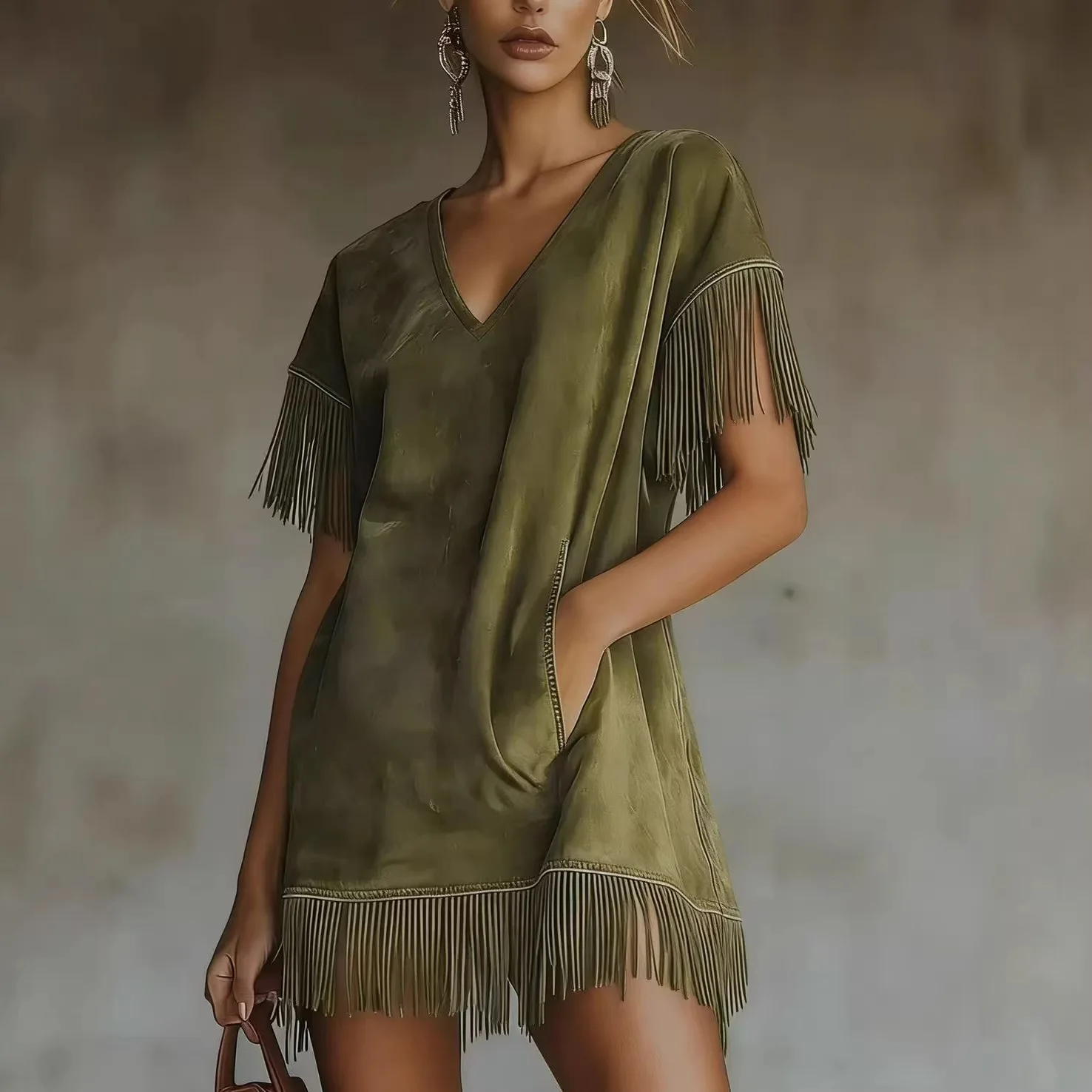 

American Retro Suede Tassel Mini Dress V-Neck Tassel Splicing Short Sleeve Pockets Fringe Hem Dress Loose Casual Party Dress