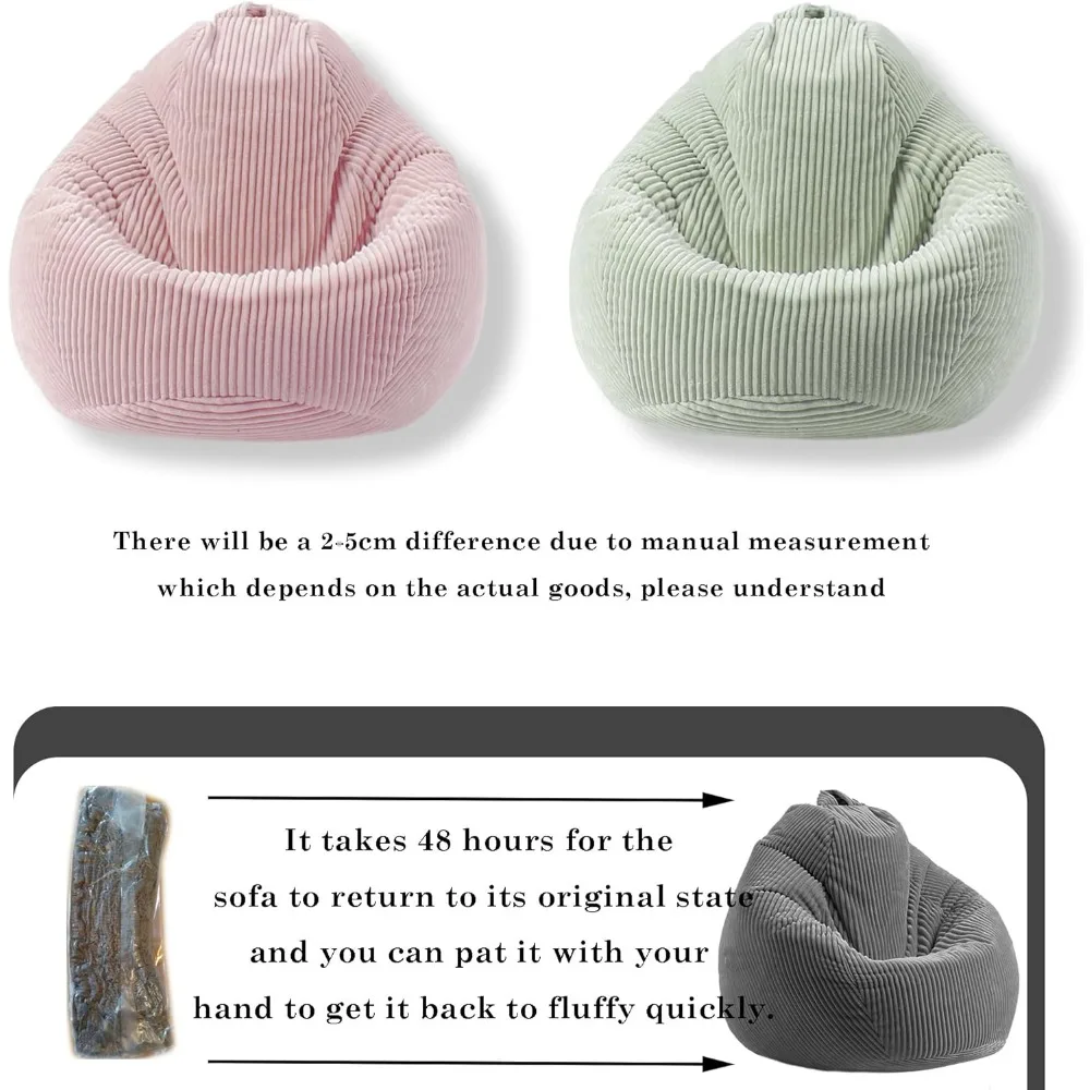 Poltrona a sacco in memory foam per bambini e adolescenti, morbido tessuto di velluto a coste, verde grigiastro, perfetta per soggiorno, camera da letto, dormitorio