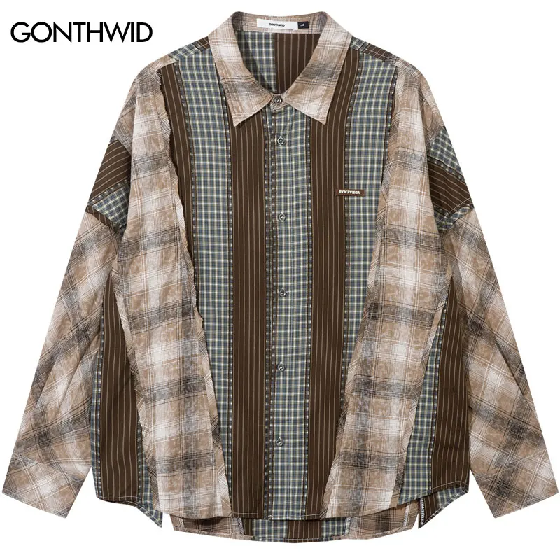 Vintage Plaid Shirts Y2K Hip Hop Patchwork Long Sleeve Button Up Cotton Shirt Streetwear Harajuku Punk Gothic Baggy Blouse Tops