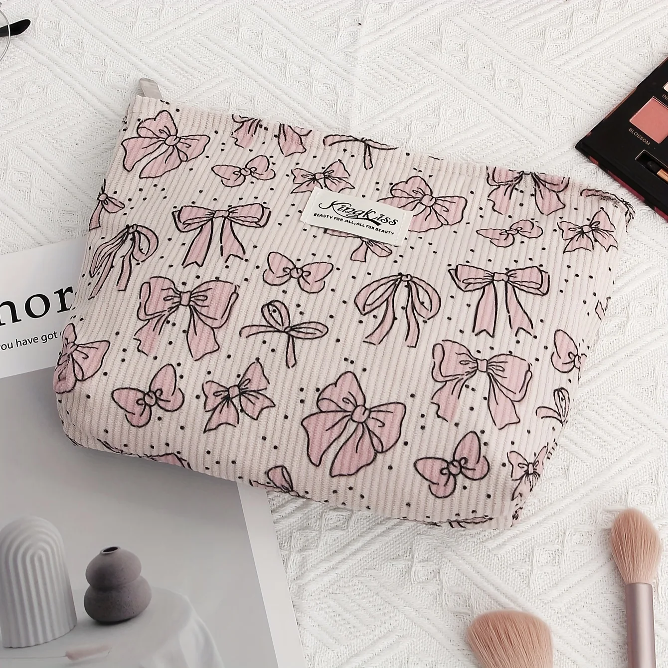 Borsa per il trucco in velluto a coste con motivo a fiocchi, borsa per cosmetici con cerniera leggera organizzatore per articoli da toeletta
