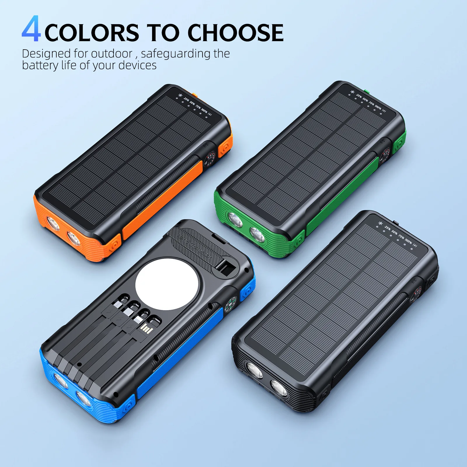 

Портативный внешний аккумулятор 40000 мАч с ручной зарядкой и солнечной панелью, кабелем и LED-фонариком