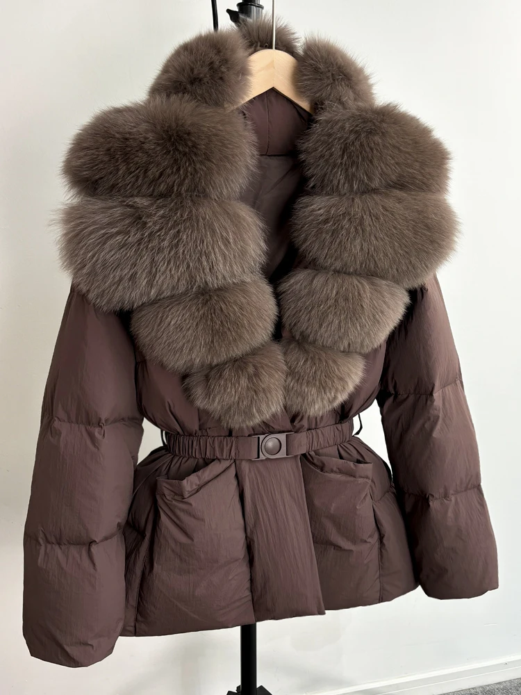 Lagabogy 2025 Large Real Fox Fur Winter Belt Waist-Tight Elegant Warm 90% White Duck Down Jacket Female V-neck Loose Puffer Coat