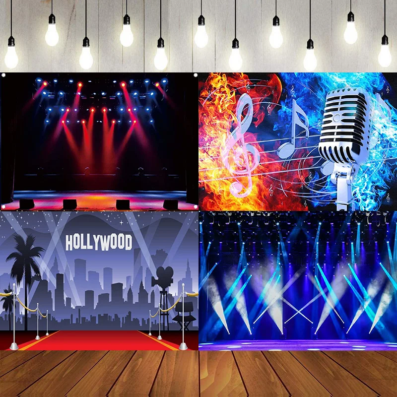 Luxury Stage Microphone Spotlight Photography Backdrop Concert Live Banner Gloomy Night Scenic Background Drama Music Show Decor