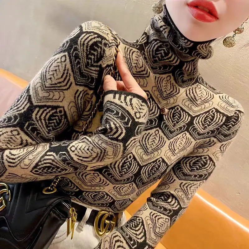 Women Clothing Vintage All-match Long Sleeve Turtleneck Sweaters Autumn Winter Fashion Geometric Slim Pullovers Lady Y2k Tops