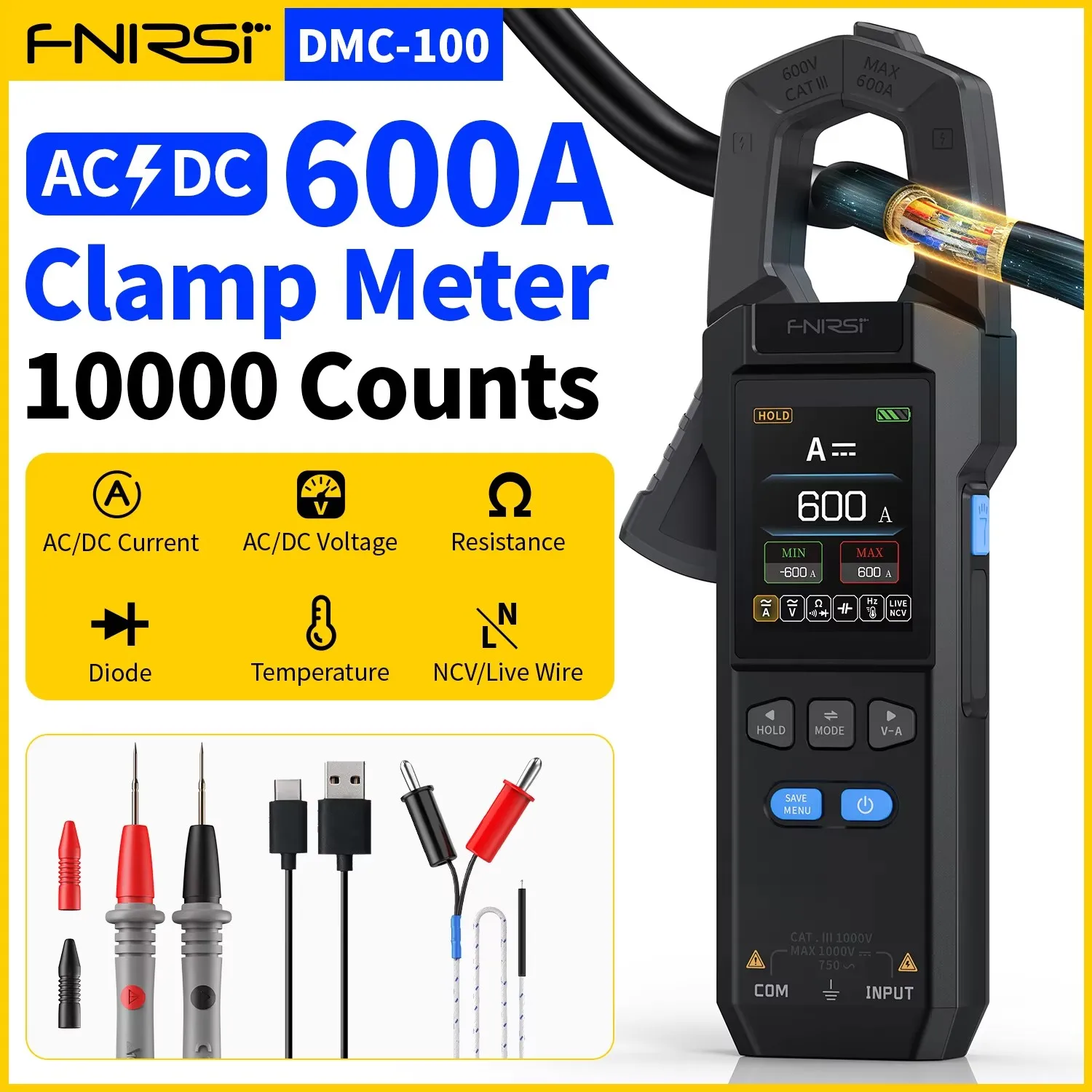 FNIRSI DMC-100 DC AC Strom Spannung Zangenmessgerät USB-Ladegerät 10.000 Zählungen 600 A Amperimetrischer Zangentester NCV Elektrikerwerkzeuge