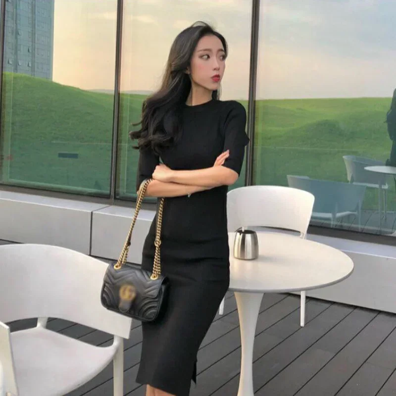 Knit Midi Crochet Grey Clothing Cover Up Knee Length Female Dress Women's Dresses Black On Offer With Stylish Spring Deals