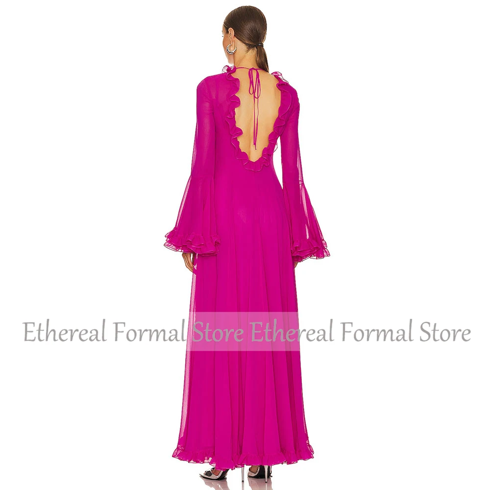 Modern Rose Evening Dress For Wedding O Neck Long Flare Sleeves Saudi Dress Ankel Lengh Simple Formal A Line Ruffles Party Dress