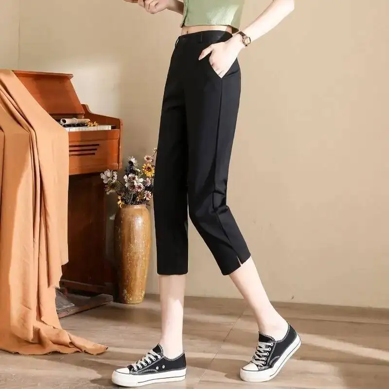 Korean Fashion Women's Capris Summer Slim Fit Short Pants Thin Professional Side Slit Calf-Length Pants Casual Office Lady Pants