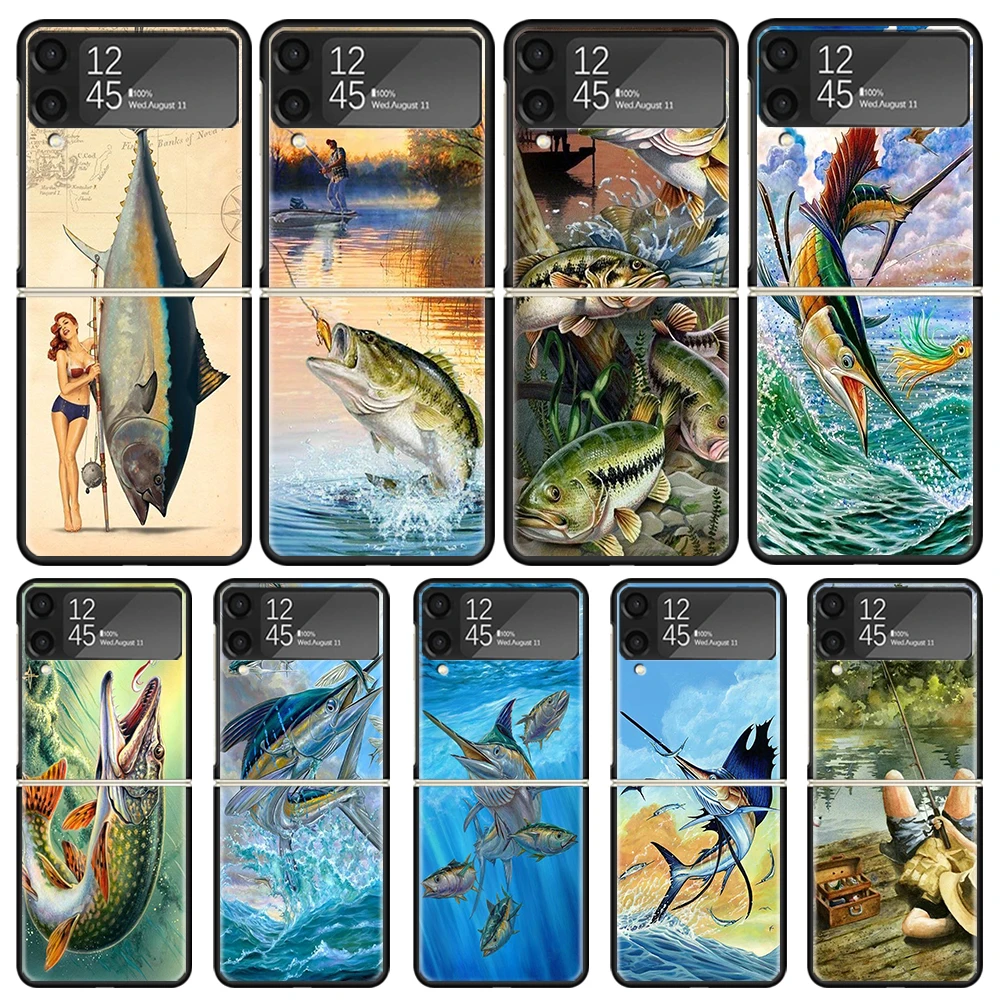 Offshore Angling Fishing Fish Rod Phone Case For Samsung Galaxy Z Flip3 Flip4 Flip5 Flip6 PC Shell For Z Flip 3 4 5 6 Hard Foldi