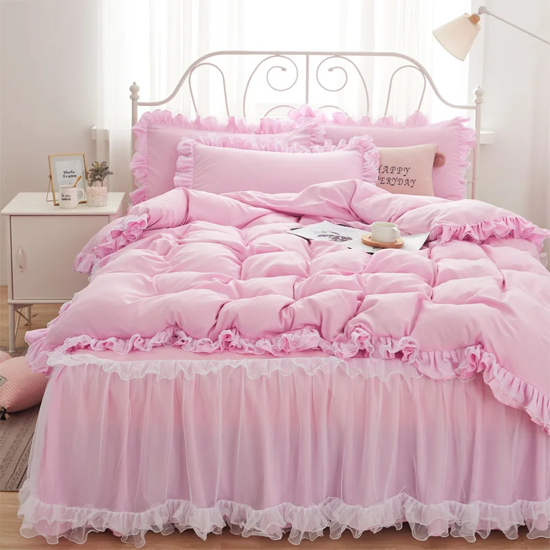 

Princess Girl Pink Bedding Skirt Sheet With Lace Korean Solid Color Bed Cover Pillowcase Decor Bedroom Wedding Couple Bedclothes