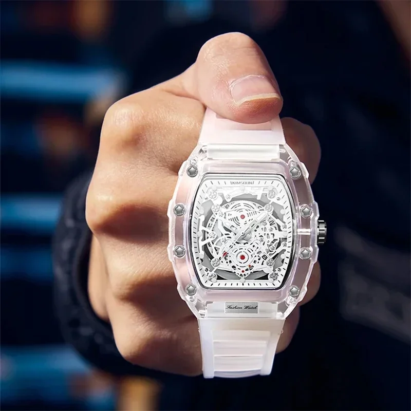 Reloj informal de moda para hombre, Esfera luminosa, función de calendario, correa de silicona duradera, caja transparente con forma de Tonneau, reloj de cuarzo