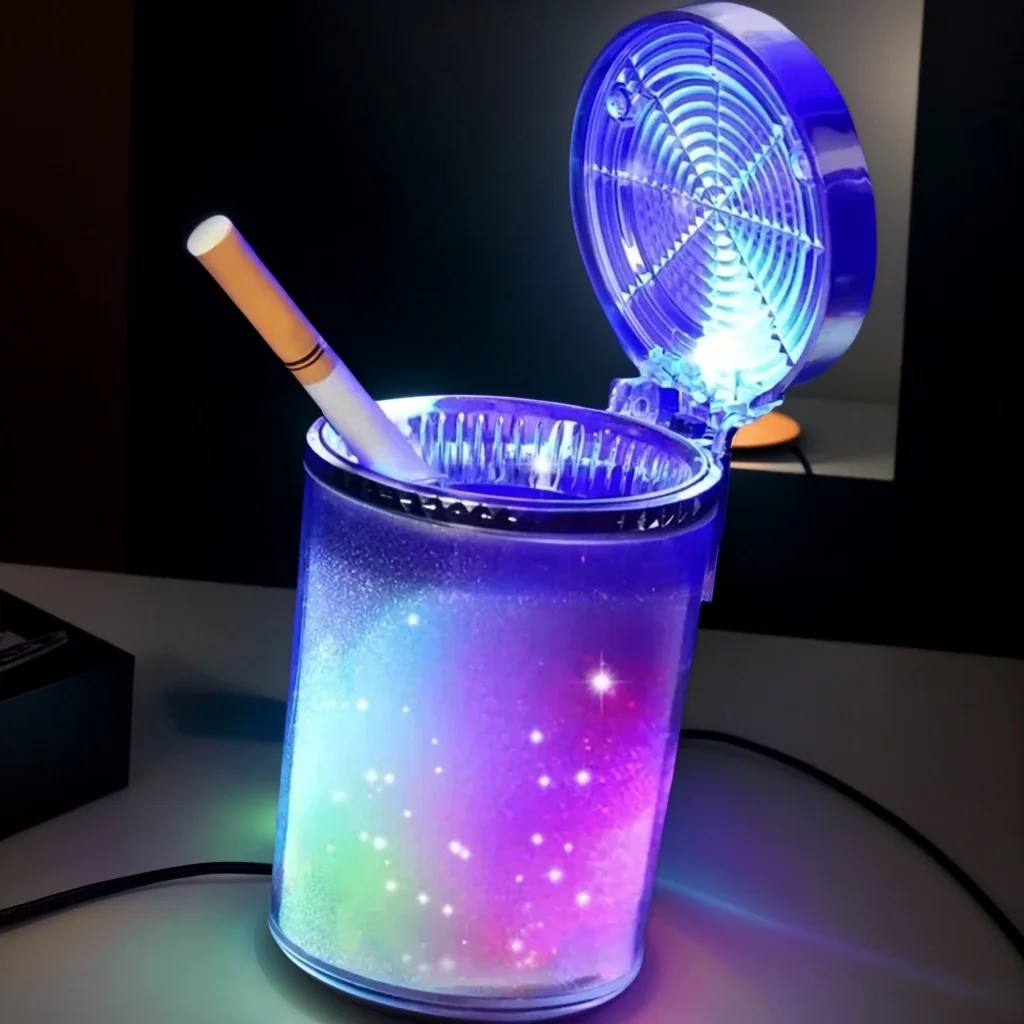 

Small Car/Caravan Auto Ashtray with LED Light - Mini Trash Can with Portable Lid for Car Cup Holder, Home, Office & Travel