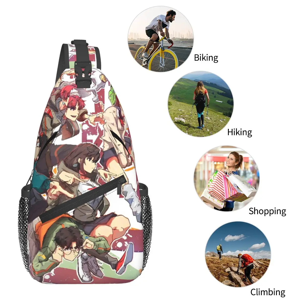 Bolsas pequeñas con estampado de Manga Dandadán de dibujos animados, mochila de hombro tipo bandolera para el pecho, mochilas para deportes al aire libre, bolsas estampadas de comedia de acción