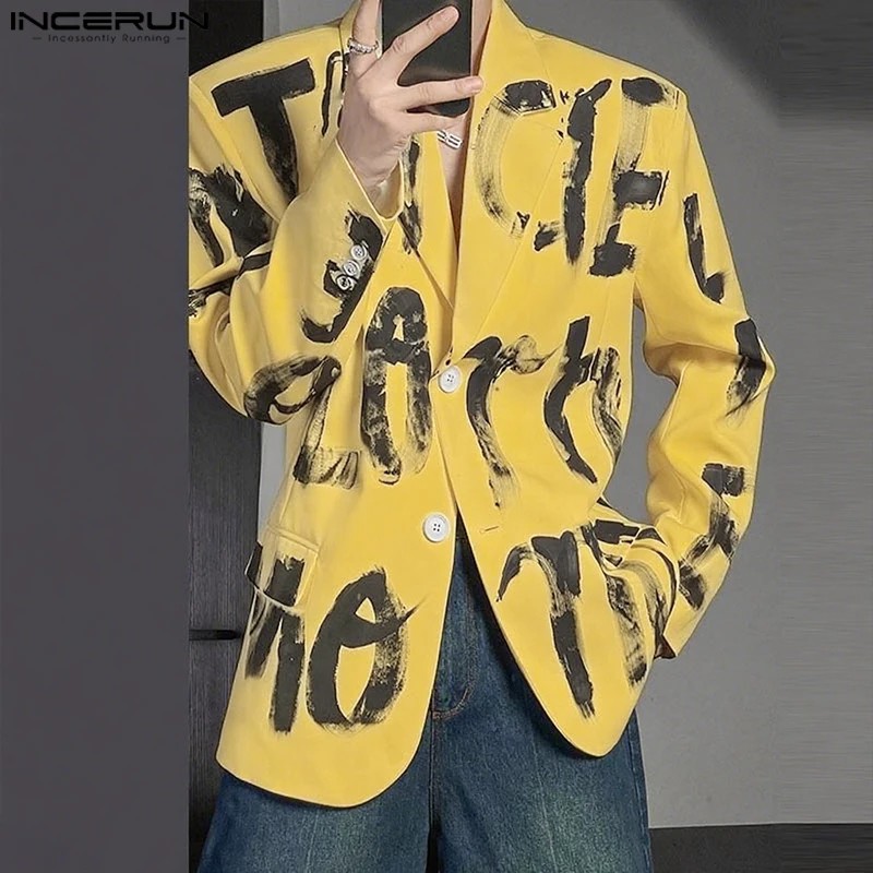 INCERUN Men Blazer Printing Lapel Long Sleeve Button Korean Style Casual Male Suit Streetwear 2025 Elegant Fashion Thin Coats