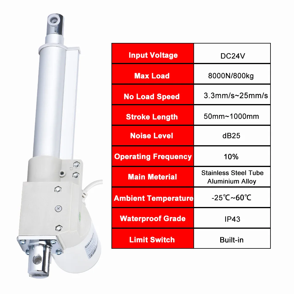 8000N linear actuator DC24V 80kg~800kg load 50mm~1000mm stroke 25mm/s low noise stainless steel eletctric lifting rod