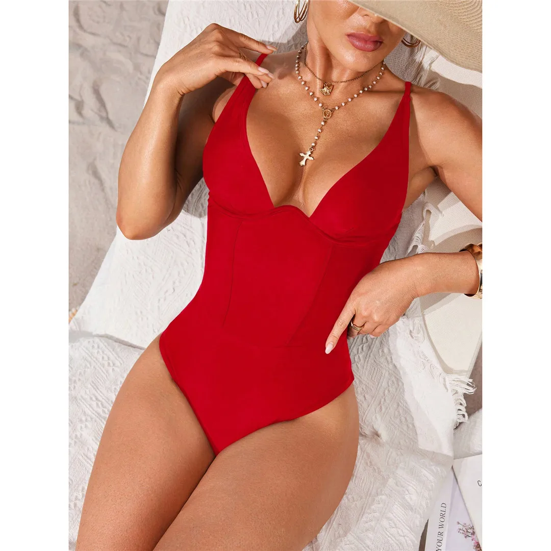 S - XL, V-Ausschnitt, Bauchformend, Damen-Badeanzug, einteiliger Badeanzug, Damen, mit Schnürung, hoher Beinausschnitt, gepolstert, Badebekleidung, Badeanzug, Modell V7547. – Detail 8