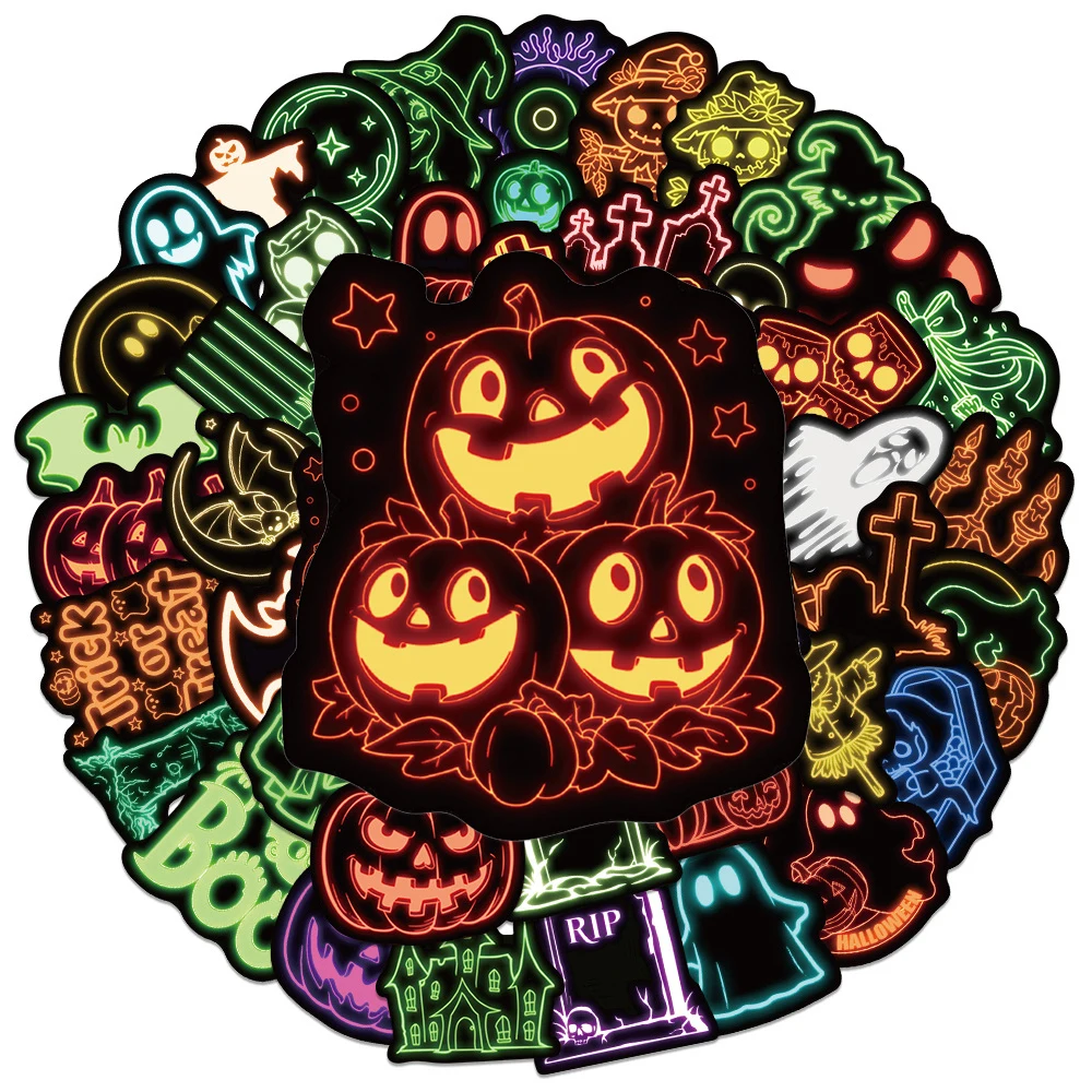 10/30/50/100pcs Funny Halloween Neon Light Stickers Cartoon Ghost Pumpkin Decals Suitcase Phone Skateboard Festive Sticker Decor