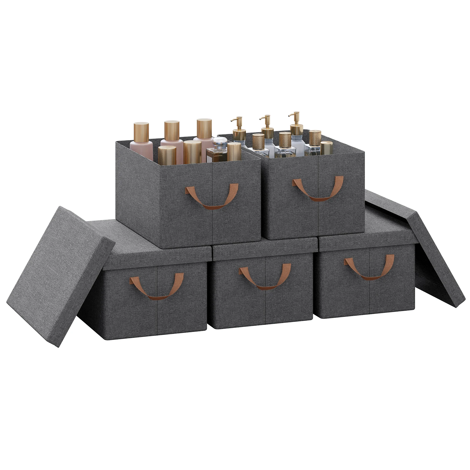 WOLTU Juego de 3/5 Cajas de Almacenamiento Plegables de Tela con Tapa y Asas, 20/27/36/51L, Caja Grande, Bolsa Organizadora para Edredones, Ropa y Juguetes