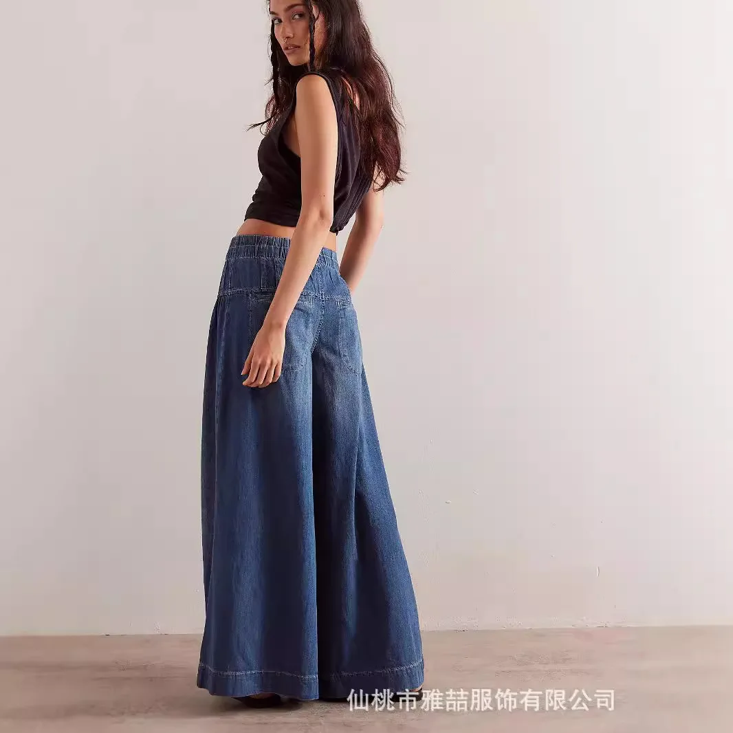 High Street Trend Lace-up Denim Wide-leg Pants Women's Four Seasons New Fashion Pleated Mid-waist Loose Comfortable Jeans Women