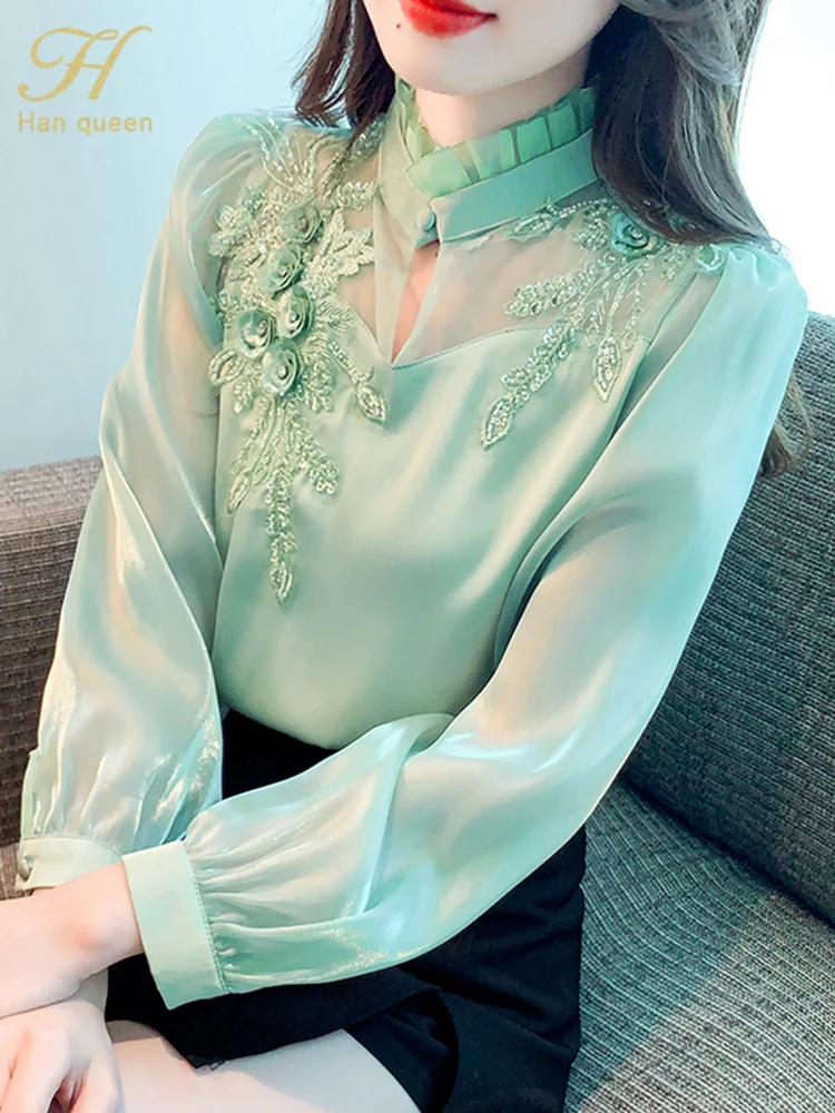 H Han Queen Elegant 2023 Autumn Shirt Embroidery Beads Chiffon Simple Office Blouse Loose Tops Long Sleeve Casual Blouses Women