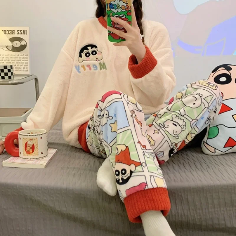 Crayon Shin-chan Pajama Set Women Winter Flannel Round Neck Long Sleeve Cartoon Warmth Pants Sleepwear Casual Comfort Loungewear