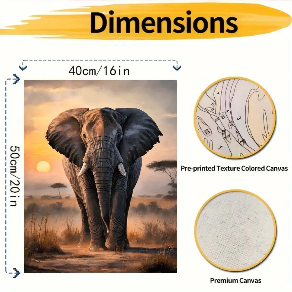 الفيل المهيب في السافانا الأفريقية عند غروب الشمس مفصلة قماش الفن لتقوم بها بنفسك مجموعة لوحات زيتية رقمية للبالغين المبتدئين لا الإطار #2