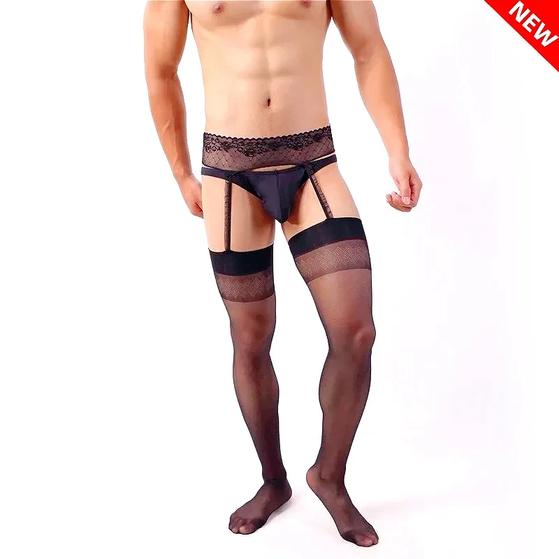 Mans Pantyhose Lace Embroidery High Waist Gay Underwear for Man Lingerie Sexy Adult Open Crotch Stockings Mens Tights Male Gifts