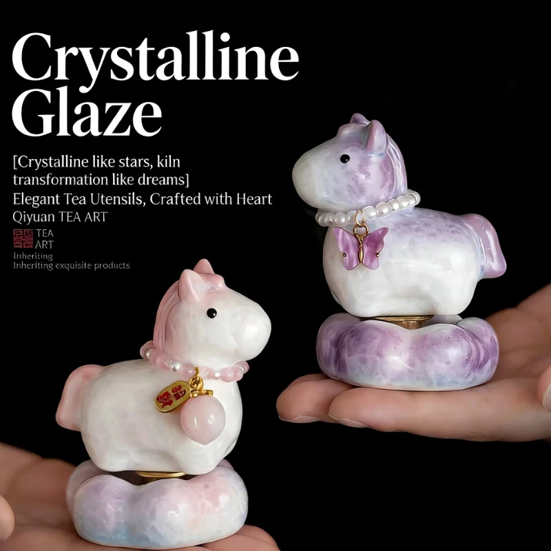 Rotating Crystalline Glaze Horse Figurine, Cute Kiln-Change Cartoon Decor, Unique Spinning Desktop Ornament
