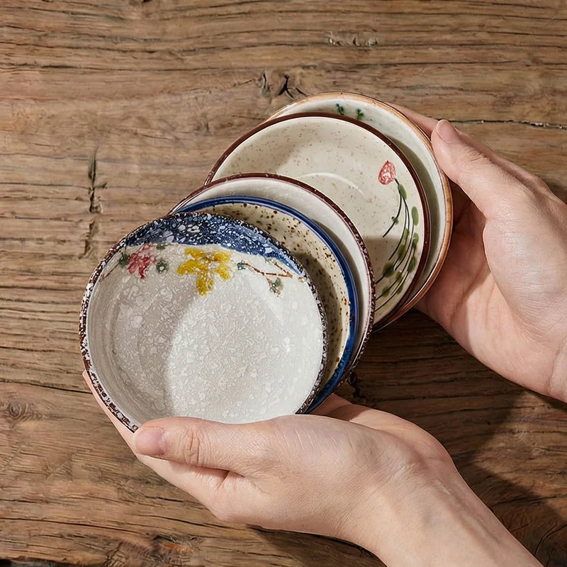 6/10pcs 9.65cm Ceramic Seasoning Dishes Japanese Vintage-style Ceramic Saucers with Hand-painted Underglaze Color Design