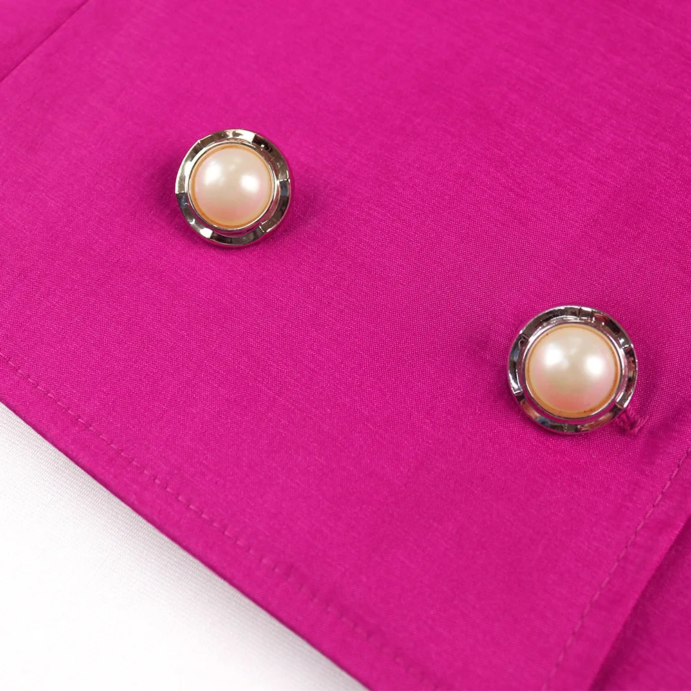 티나아 엘레강트 푸시아 새틴 셔츠 여성용 2026 봄 여름 브이넥 랜턴 소매 더블 브레스티드 어반 파티 블라우스 100718